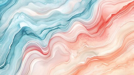 Poster - Marble watercolor idea. Abstract liquid marble texture with blue and coral flowing patterns for creative projects.