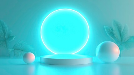 Poster - Minimalist 3D render of a white podium with neon light circle, spheres, and tropical leaves on a light blue background.
