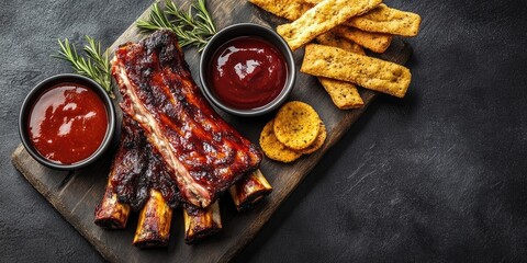 Wall Mural - Gourmet roasted ribs with BBQ sauce and savory snacks arranged on a dark gray surface with rosemary for a rich culinary experience top view