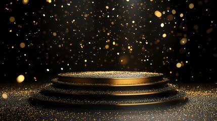Poster - Elegant golden tiered podium with sparkling particles, spotlight, and dark background.