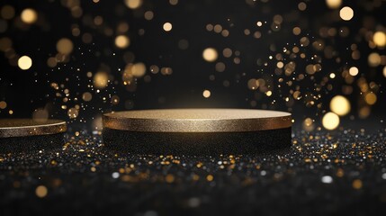 Poster - Elegant black and gold podium with glittering particles.