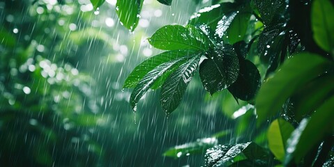 Wall Mural - Lush green leaves glisten with rain droplets in a vibrant rainforest setting with blurred backgrounds and soft light creating a serene atmosphere