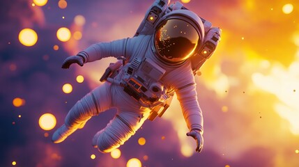 Canvas Print - Astronaut floating in space suit, vibrant sunset backdrop.