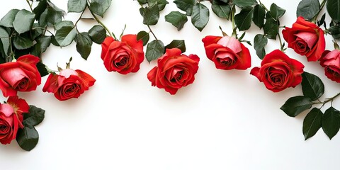 Canvas Print - Red roses arranged along the top edge with green leaves on a bright white background creating ample space for text below.