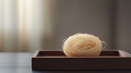 Pale Yellow Fiber Ball: A softly lit close-up reveals a delicate ball of pale yellow natural fiber, nestled on a dark wooden tray. The image evokes a sense of calm and natural simplicity. 