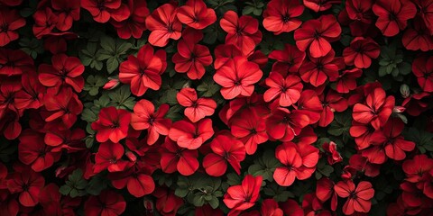 Canvas Print - Vibrant red geranium flowers densely arranged with lush green leaves creating a striking overhead floral pattern showcasing nature's beauty.