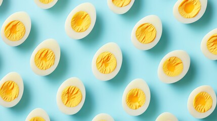 Poster - Pattern of halved hard-boiled eggs on a light blue background.