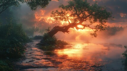 Wall Mural - Sunrise over misty river, leaning tree, jungle