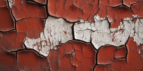 Wall Mural - Cracked redbrown wood texture background with white paint accents showcasing intricate patterns and weathered details in a horizontal layout