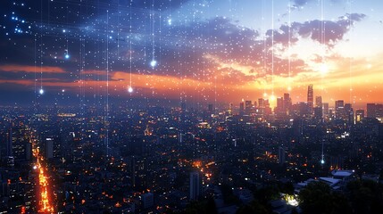 Poster - Futuristic cityscape at sunset with digital network connections.