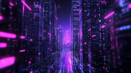 Aufkleber - Futuristic city street at night with glowing purple and pink lines.