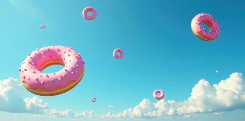 flying doughnuts in the sky with blue background, flying, blue, colorful