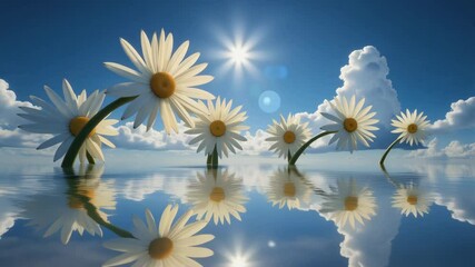 Wall Mural - A group of white flowers are reflected in the water. The sun is shining brightly, creating a warm and inviting atmosphere