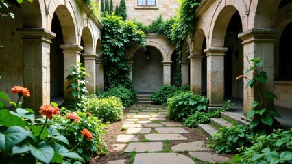  Serene Courtyard Garden Path with Stone Arches and Lush Greenery
