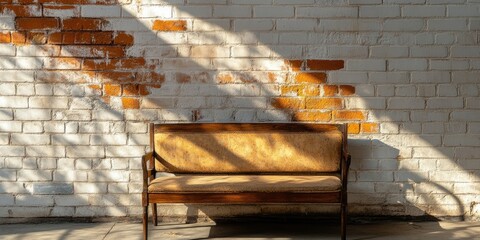 Canvas Print - Vintage wooden couch in sunlight against a textured orange and white brick wall with shadows creating a warm and inviting atmosphere