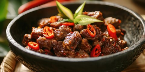 Spicy Sambal Goreng Ati dish with diced chicken liver garnished with red chilies and green leaves in a textured black bowl on a woven mat.