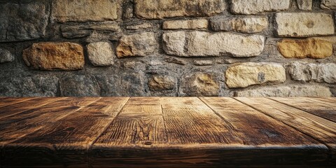 Canvas Print - Wooden tabletop with rich brown tones in the foreground against a textured cinder block wall in shades of gray and beige, ideal for product displays