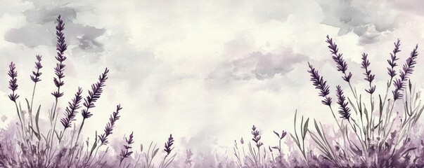 Canvas Print - Cloudy watercolor idea. An artistic illustration of lavender flowers swaying gently in a serene landscape.