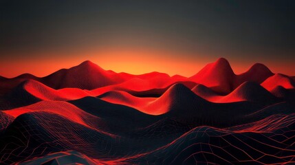Aufkleber - Red sunset over a dark, wireframe landscape of rolling hills.