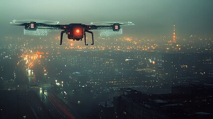 Poster - Drone flying over a city at night.