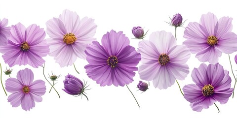 Sticker - Vibrant arrangement of purple cosmos flowers with soft lavender hues and contrasting yellow centers on a clean white background.