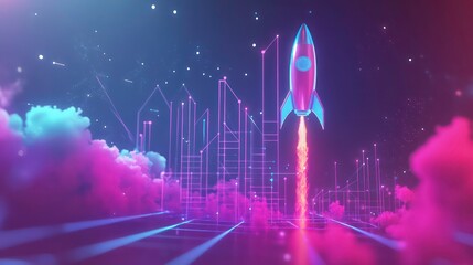 Aufkleber - Futuristic rocket launching from vibrant city, symbolizing innovation and growth.