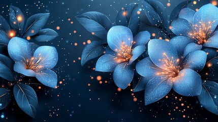 Wall Mural - Glowing blue flowers with sparkling lights on dark background.