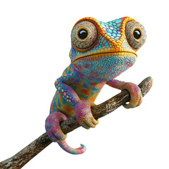 Aufkleber - A digitally rendered image shows a vibrant and cartoonish chameleon perched on a branch against a white background.