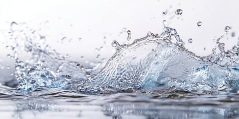 Poster - Water splash creating bubbles on a serene surface with clear blue tones and dynamic wave formations illuminated by soft natural light.