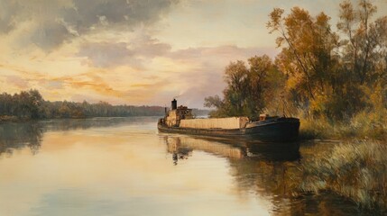 Poster - Riverboat by shore at sunset with golden sky.