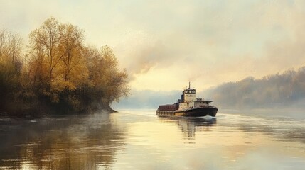 Poster - Tugboat moving on river with autumn trees and fog.