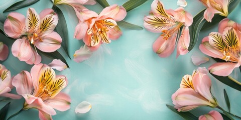 Poster - Soft pastel backdrop with pink alstroemeria flowers and green leaves arranged elegantly on a light teal surface ideal for greeting card designs.
