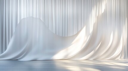 Poster - Draped white fabric reveals a hidden space behind sheer curtains in a minimalist room.