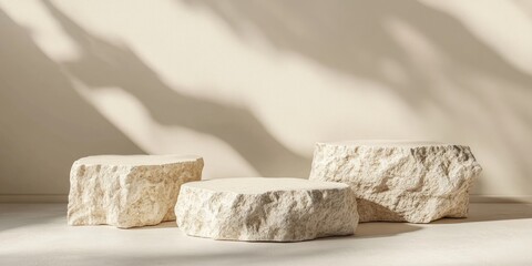 Poster - Natural beige background featuring three textured stone podiums in varying heights casting soft shadows ideal for showcasing beauty products.