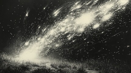 Wall Mural - meteor shower over grassy field at night, dramatic light streaks across dark sky.