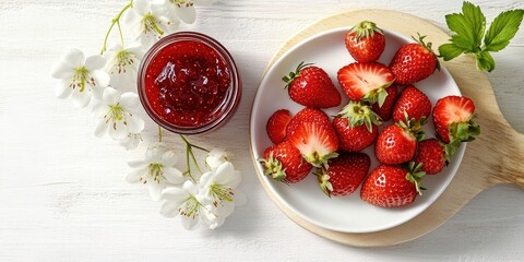 Sticker - Fresh strawberries on a white plate beside a jar of strawberry jam on a wooden cutting board with light floral accents and soft background colors