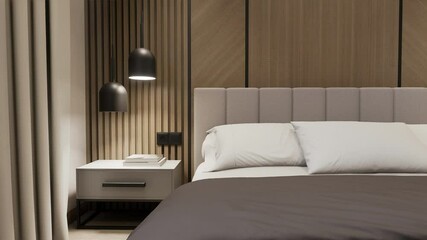 Wall Mural - Small cozy bedroom with a TV area is designed in a modern style in warm colors. 3D rendering