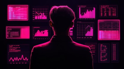 Aufkleber - Person Analyzing Data on Multiple Screens Financial Charts Stock Market Pink Neon