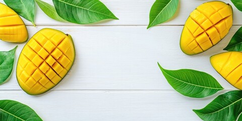 Poster - Vibrant chopped mango pieces arranged artistically with lush green leaves on a bright white wooden surface showcasing a tropical fruit theme