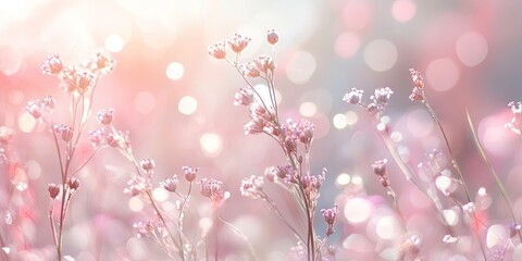 Leinwandbilder - Delicate light pink bokeh background with soft flowers in foreground shimmering under gentle sunlight creating a dreamy atmosphere