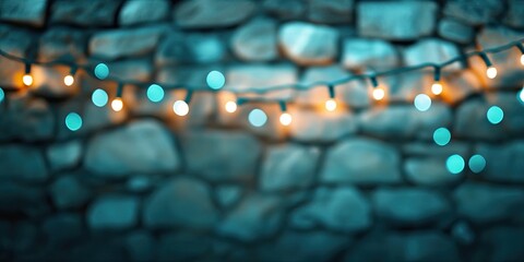 Leinwandbilder - Warm yellow and cool blue bokeh lights on string against a blurred stone wall background creating a cozy atmosphere for decorations or events.