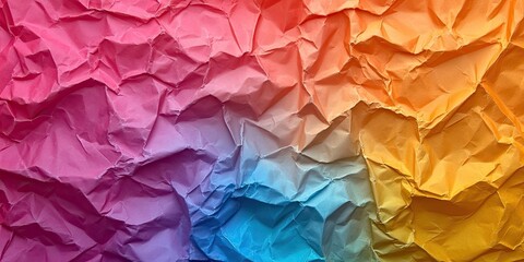 Poster - Crumpled paper texture in vibrant gradient hues of pink, purple, blue, and orange with soft folds creating an abstract background effect