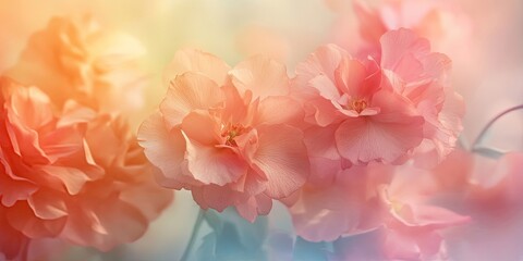 Leinwandbilder - Soft focus floral abstract background with soft pink and peach flowers centrally positioned against a dreamy pastel gradient backdrop