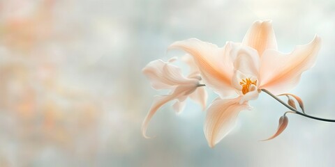 Leinwandbilder - Delicate dry cattleya orchid in soft focus on the right with pastel orange and light gray backdrop creating an ethereal and serene atmosphere