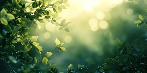 Leinwandbilder - Serene abstract nature background with soft green leaves illuminated by warm sunlight creating a dreamy, tranquil atmosphere.