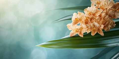 Leinwandbilder - Softly blurred background with dried beige flowers on the left and vibrant green Cattleya orchid leaf, gentle blue tones enhancing depth.