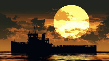 Poster - Silhouette of cargo ship under huge yellow moon.