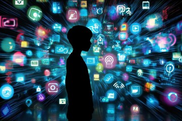 Poster - A silhouette of a child is surrounded by vibrant digital icons, symbolizing the influence of technology and media in modern life.