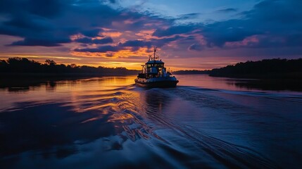 Poster - Boat moves across water under colorful sky.