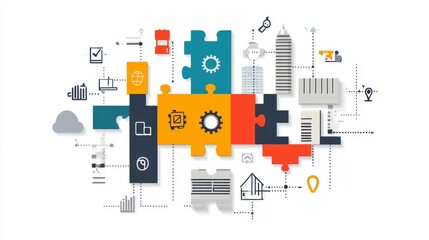 Poster - Interconnected Colorful Puzzle Pieces Representing Strategic Business Solutions